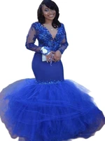 2023 generous royal blue lace mermaid prom dresses v neck sheer long sleeves tulle applique beaded formal party wear gowns
