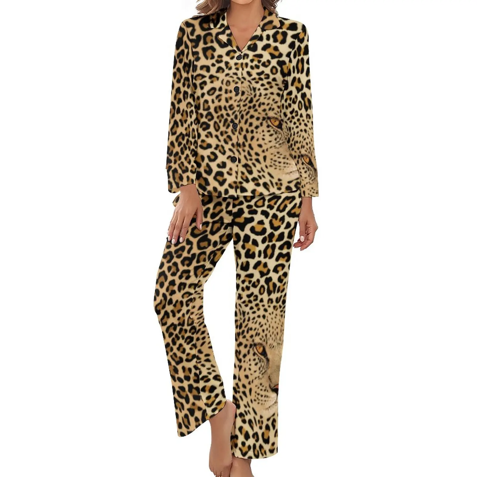 

Cheetah Brown Pajamas Women Hidden Leopard Graphic Elegant Sleepwear Spring Long Sleeve Two Piece Home V Neck Pajama Sets