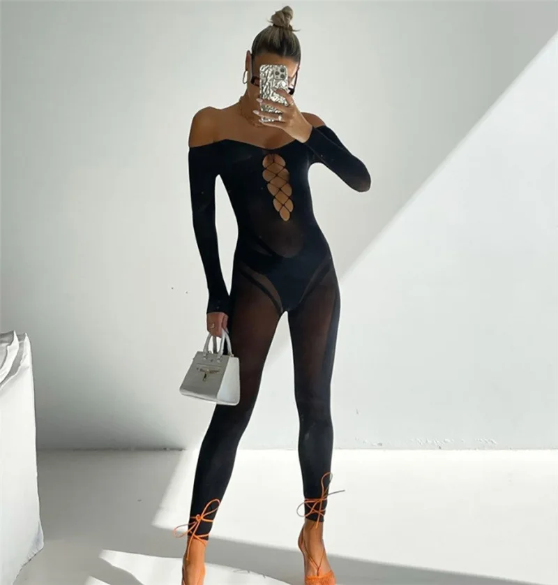 2023 Spring Women's New Sexy Mesh Perspective Straight Neck Hollow High Waist Pants Home Tights Jumpsuit