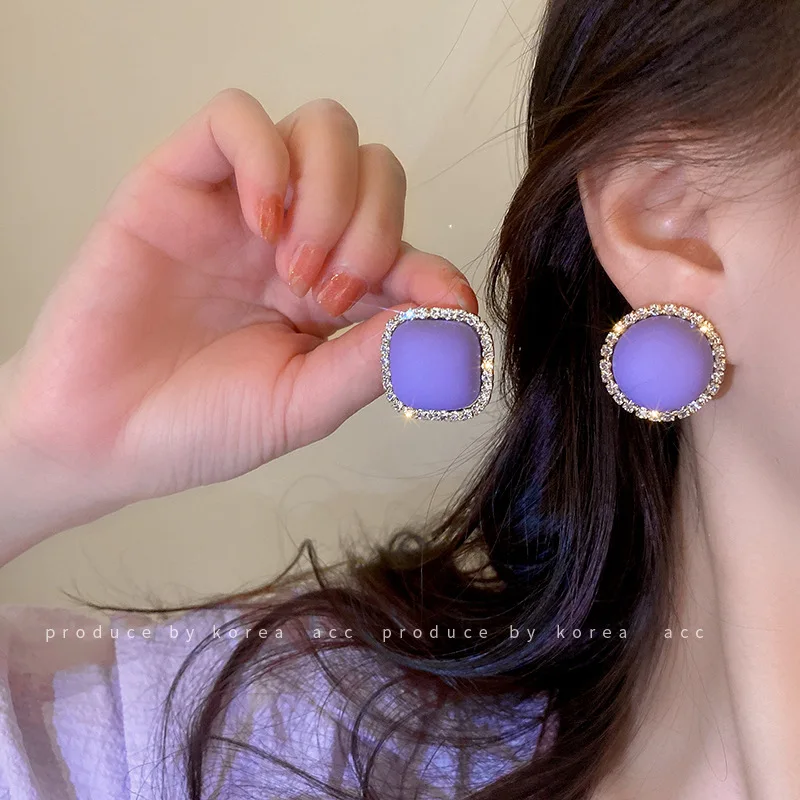 

Silver Needle Purple Diamond Square Earrings Korean Ins Style Design Sense Earrings Simple Fashion Personality Earrings