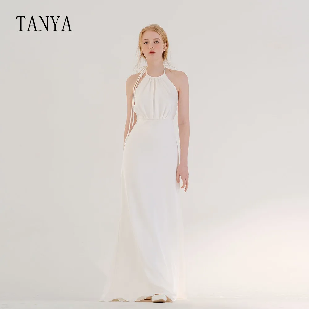 

Soft Satin Sheath Hanging Neck Wedding Dress Sleeveless Backless Abito Da Sposa Simple Sweep Train Floor Length Bridal Gowns