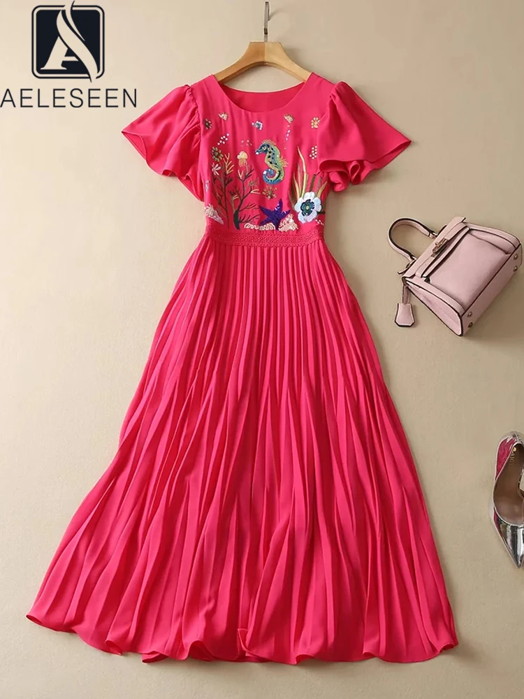 

AELESEEN Runway Fashion Women Spring Summer Dress 2023 Flare Sleeve Avocado Red Flower Animal Embroidery Sequined Long Pleated