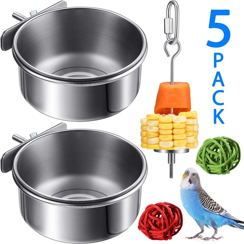 

5Pack Stainless Steel Bird Feeder Set-Parrot Feeding Dish Cups Food Water Bowls Bird Food Holder For Cages Small Animals