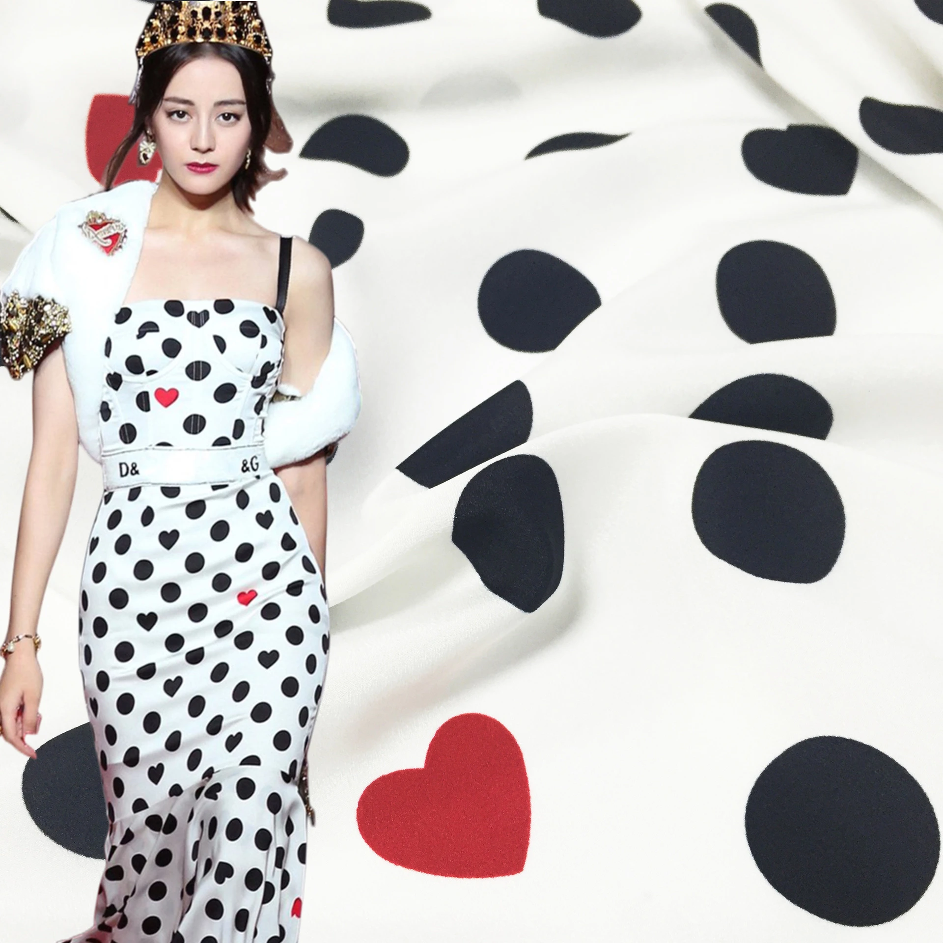 

Luxury Brand Fashion Designer Fabric Polka Dot Printed 100% Polyester Stretch Satin Women's Clothing Shirt Chiffon Fabric Cloth