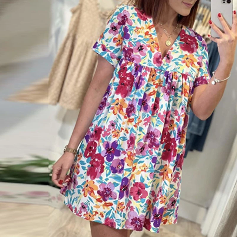

Женское Плиссированное мини-платье, повседневное офисное платье-трапеция с цветочным принтом и коротким рукавом, элегантное свободное пра...