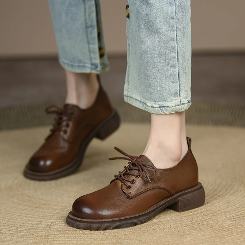 

Platform Shoes Women Pumps Genuine Cow Leather Casual Square Heels Lace Up Metal Eyelets Spring Ladies Derby Shoes Handmade