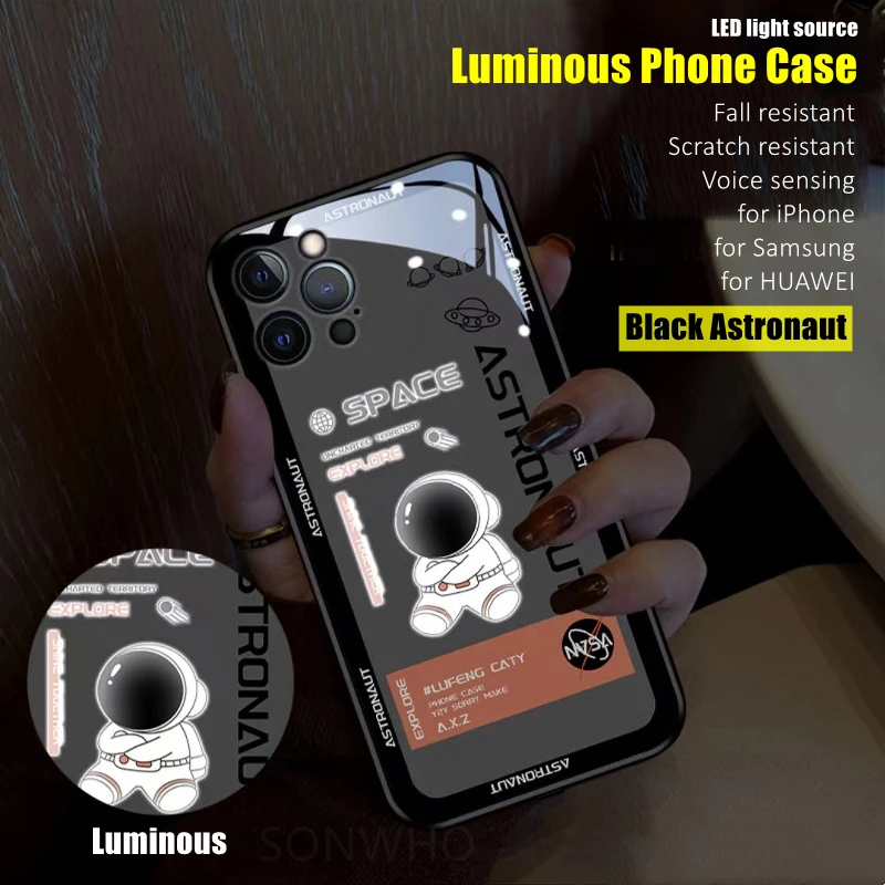

Cute Astronaut LED Light Glowing Luminous Tempered Glass Phone Case for iPhone 11 12 13 14 X Xs Xr Mini Pro Max Plus Cover