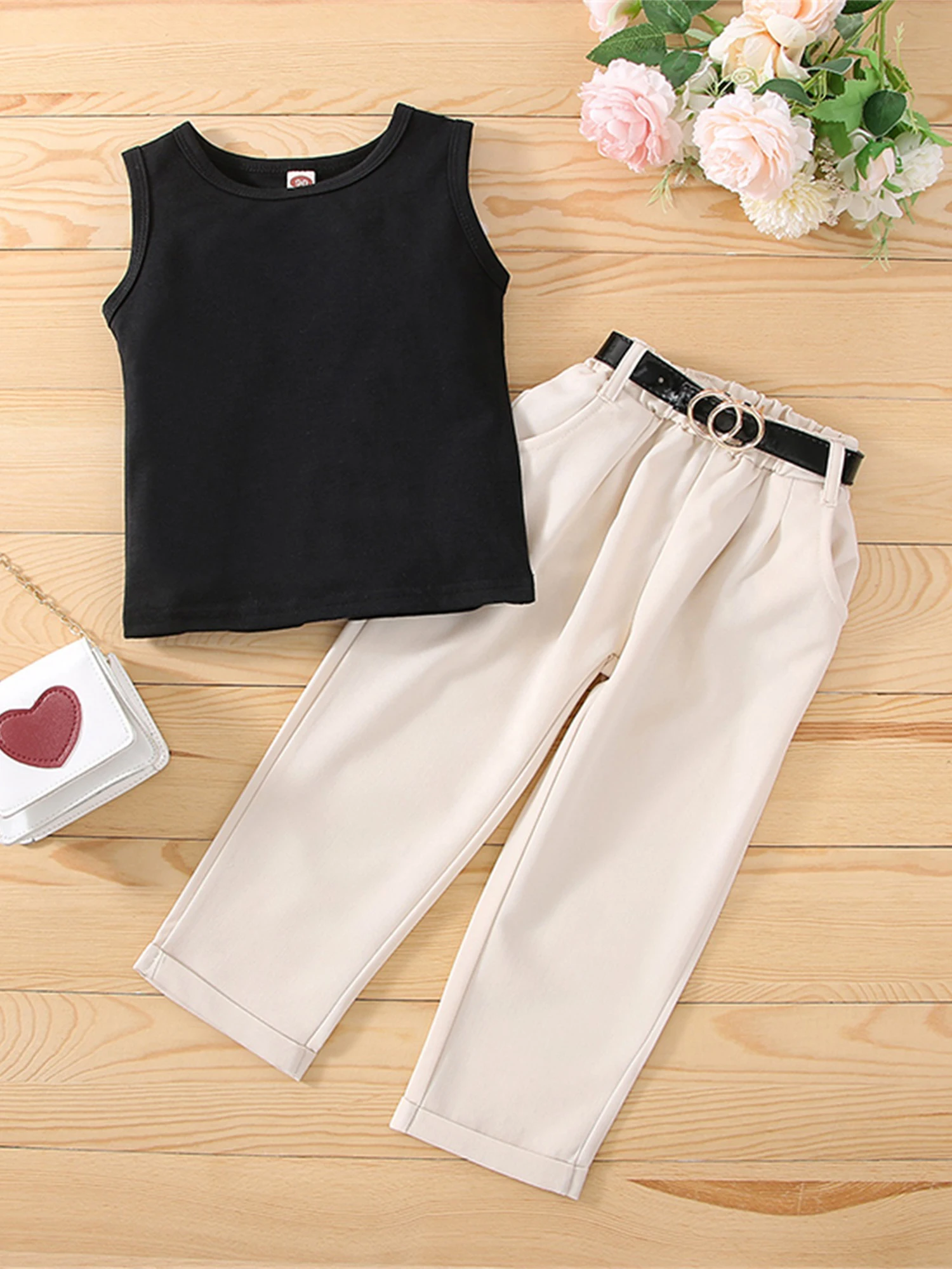 

Girls Casual Summer Outfits Sleeveless Crew Neck Tank Tops Elastic Waist Long Pants and Stylish Black Waist Belt - 3-Piece