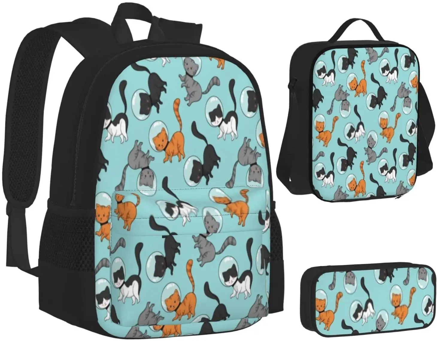 Cute Cartoon Cats Astronauts Schoolbag Travel Bag Casual Daypack Lunch Bag Pencil Case for Boys Teens Girls 3pcs Sets