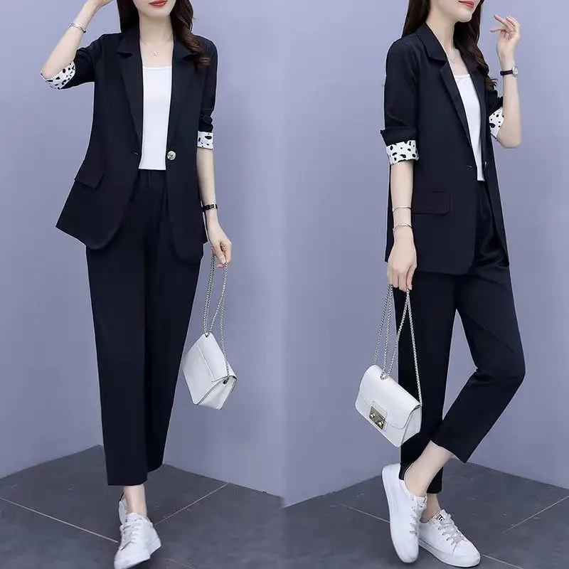 Spring and Summer Women's Suit Thin Temperament Small New Seven Point Sleeve Large Nine Trousers Three Piece