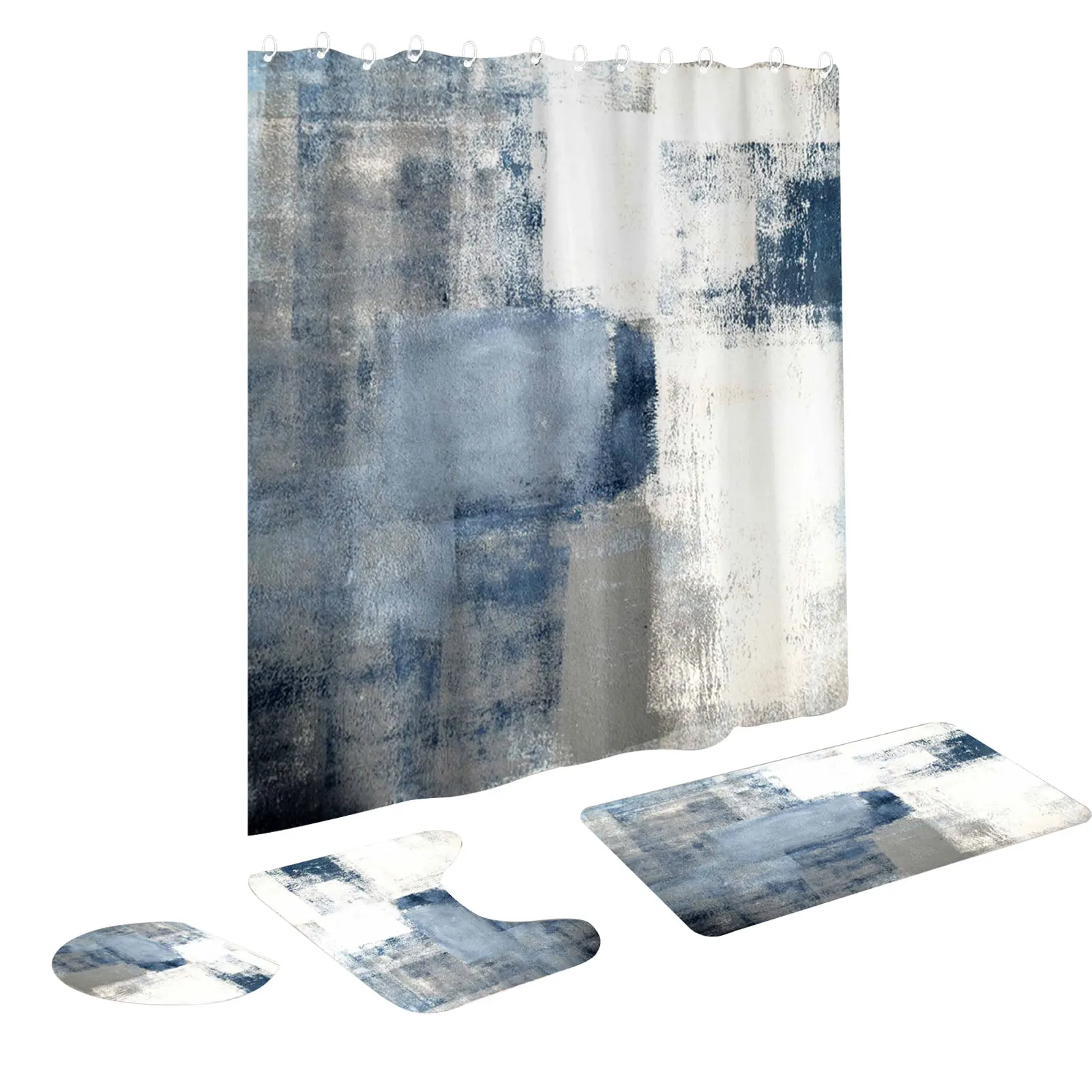

4pcs Shower Curtain Set Soft Abstract Painting With Hook Easy Clean Polyester Vintage Bath Mat Universal Pedestal Rug Waterproof