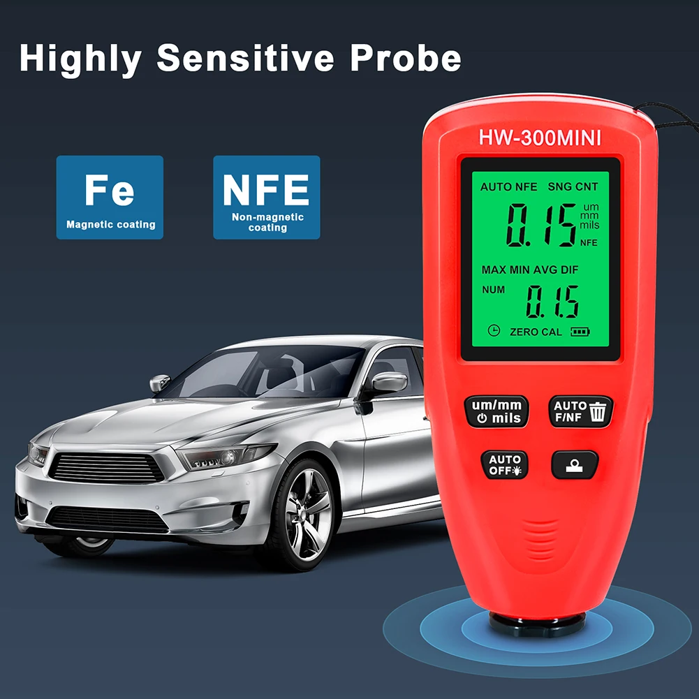 

HW-300MINI Coating Thickness Gauge 0-2000UM Car Paint Film Tester Portable Measuring Paint Tools Physical Measuring Instruments