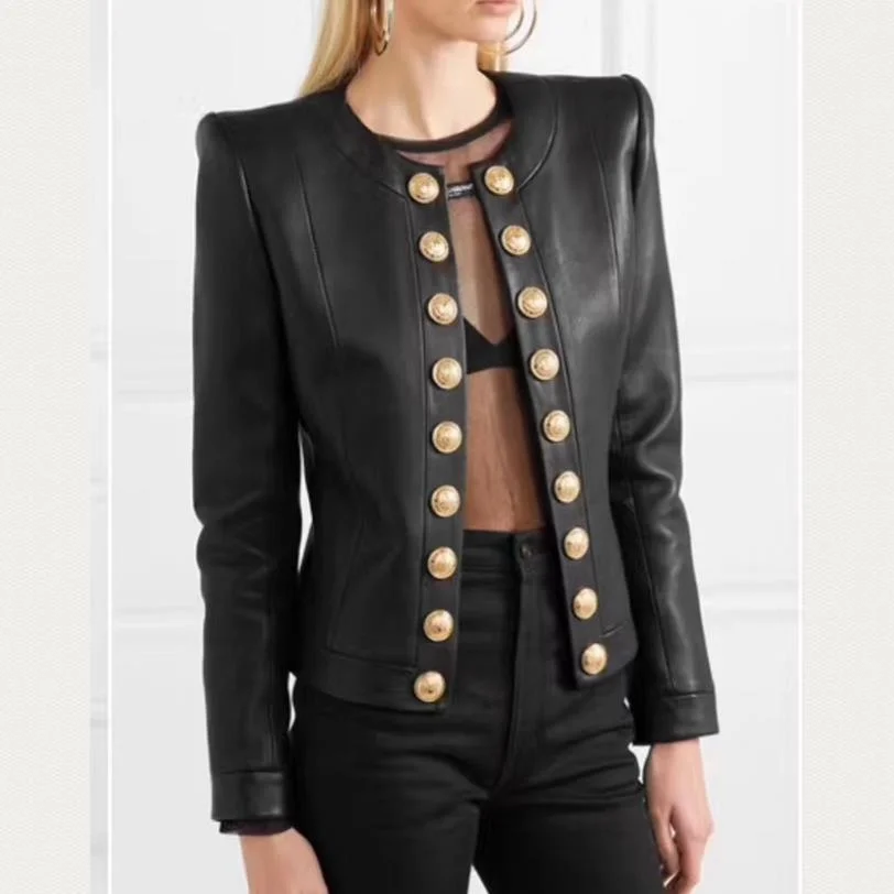 double breasted metal buttons Customized leather jacket female round neck soft real leather coat natural sheep leather tops F919