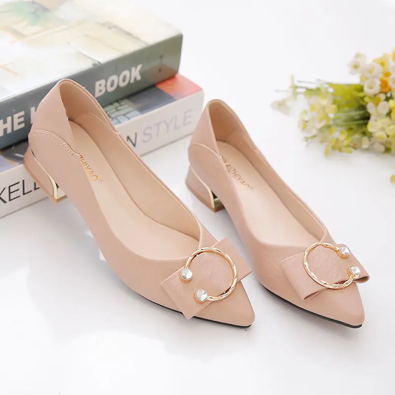 

Women Low Heel Shoes Fashion Black Pu Leather Slip on Pointed Toe Slip on Square Heel Pumps Lady Casual Beige High Heel Shoes