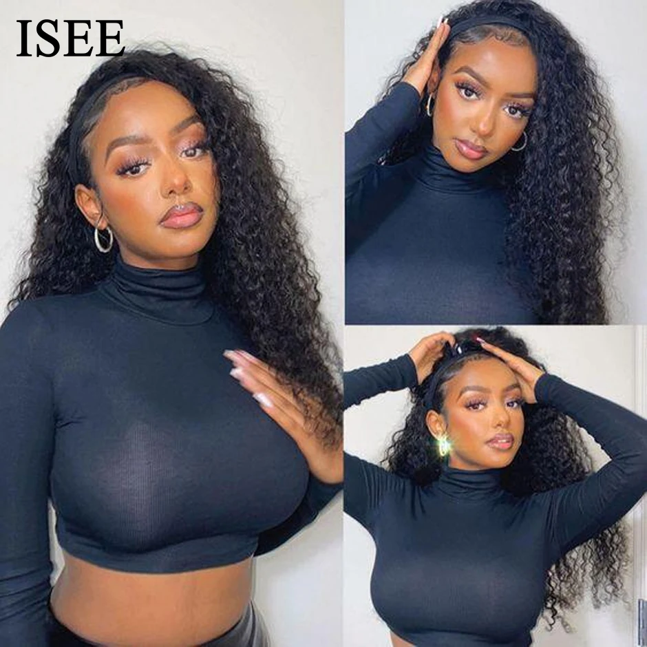 ISEE HAIR Afro Curly Headband Wig Human Hair Kinky Curly Wig 180% Full Machine Made Curly Wig For Black Women Half Scarf Wigs