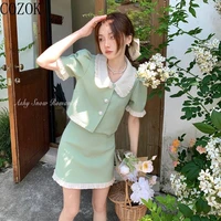 cozok cream green cute waffle age reducing classic style doll collar stitching lace top skirt skirt sets