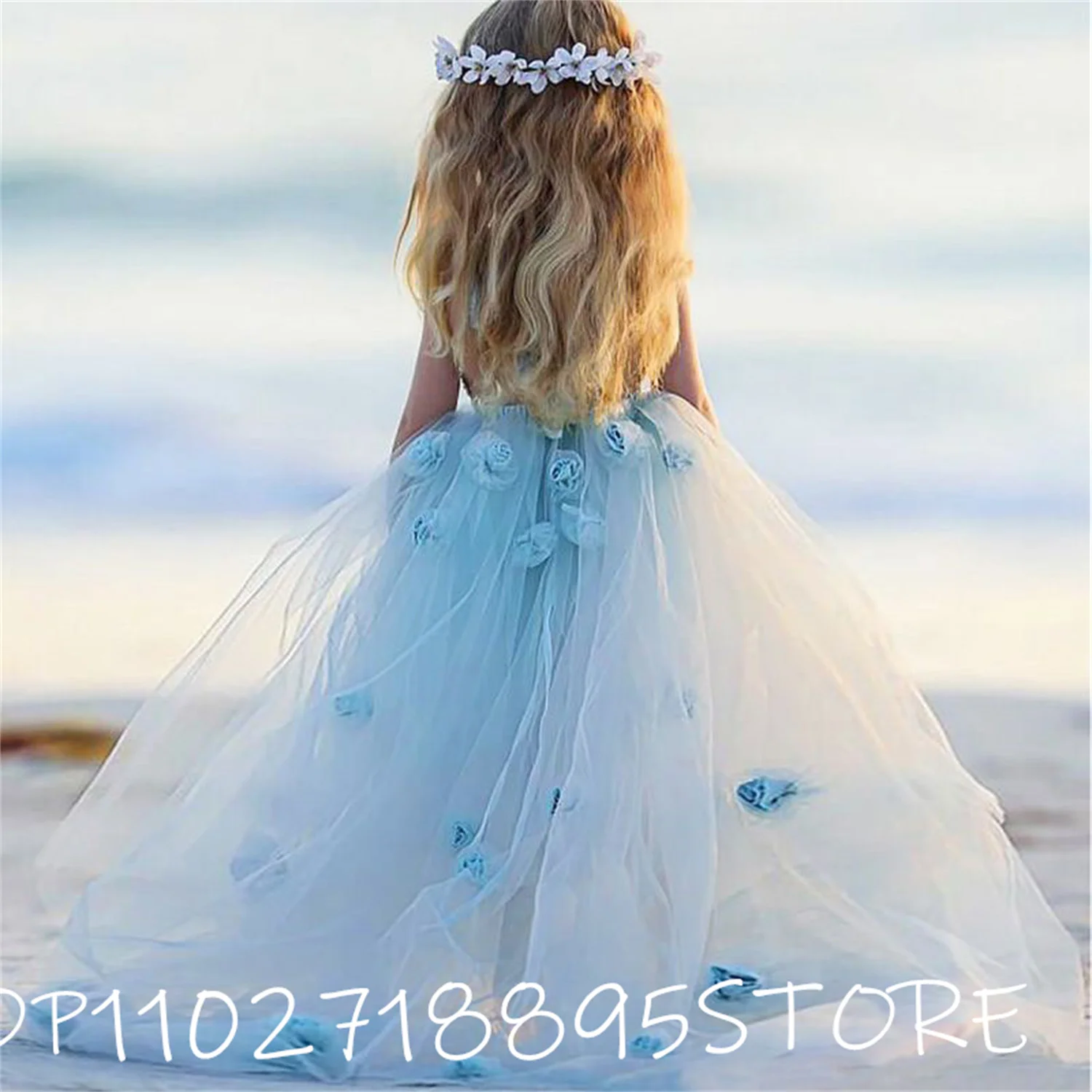 

Blue Applique Flower Girl Dress Kids Birthday Sleeveless Princess Sweetheart Ankle Length A-Line Wedding Lace Beach Prom Dresses