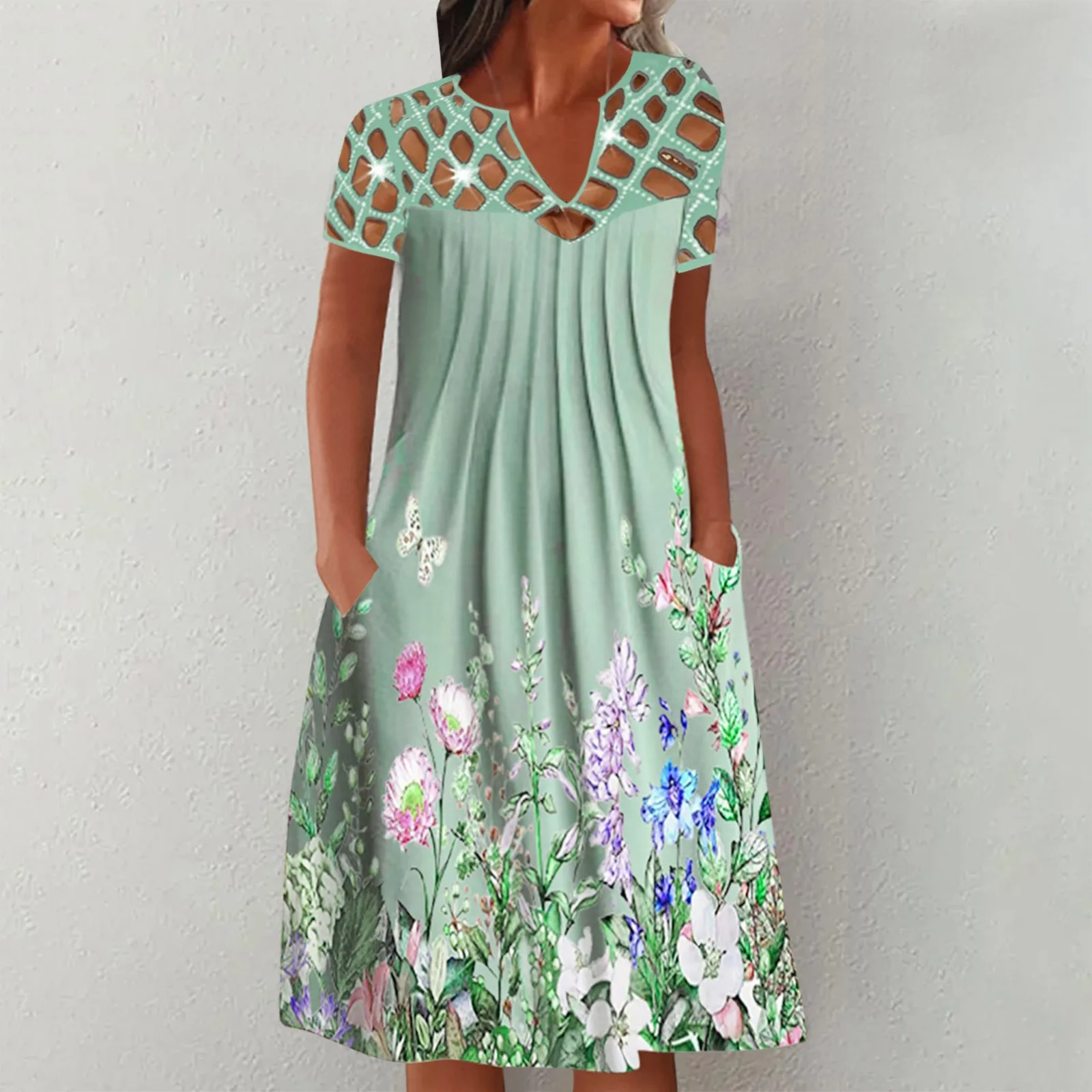 

Women's Casual Print Simple Hollow V Neck Loose Dress with Pockets Women Sundresses Summer