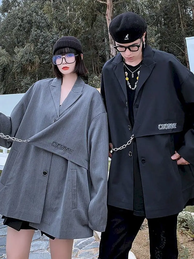 

2022 Spring Autumn Elegant New Gothic Women Blazer Jacket Fashion Solid Single-breasted Pocket Chain Coat Streetwear Unisex Deat