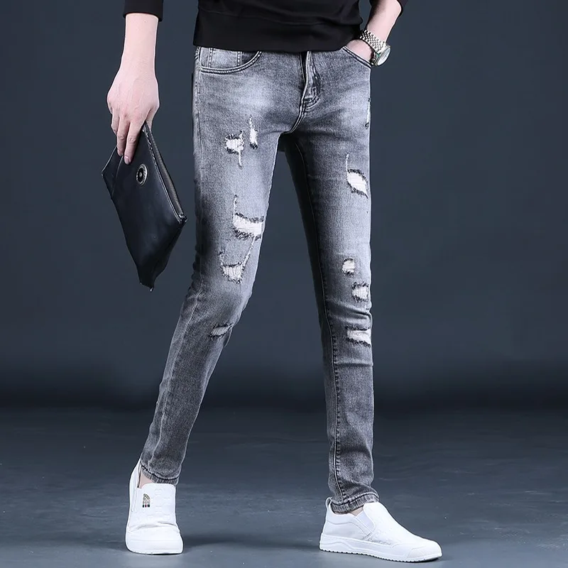 Summer Men Gray Ripped Jeans Streetwear Casual Slim Fit Pencil Pants Korean Style Patches Denim Trousers