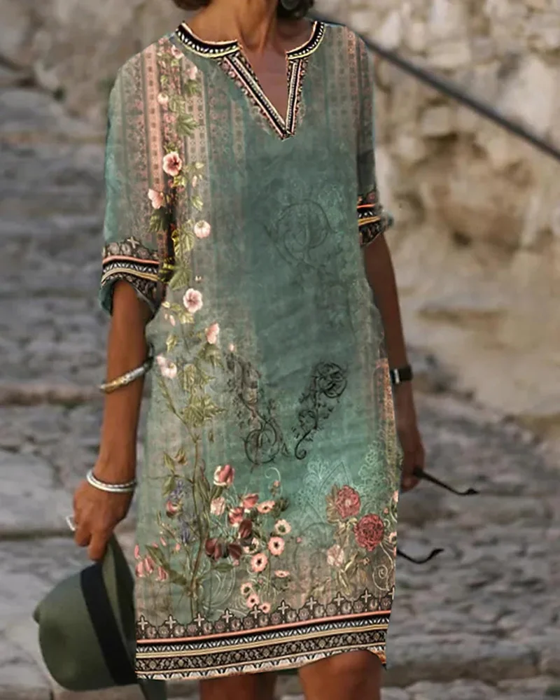 

Spring/Summer 2023 Women's New Ethnic Style Printed Casual V-neck Dress Elegant A Line Party Dresses Women
