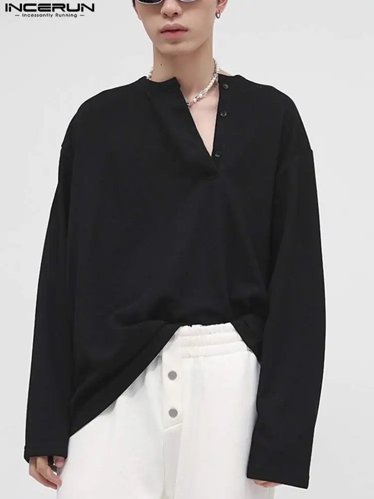 

INCERUN Men T Shirts Solid Color O-neck Long Sleeve Streetwear Button Loose Fashion Casual Camiseta Hombre 2022 Korean Tee Tops