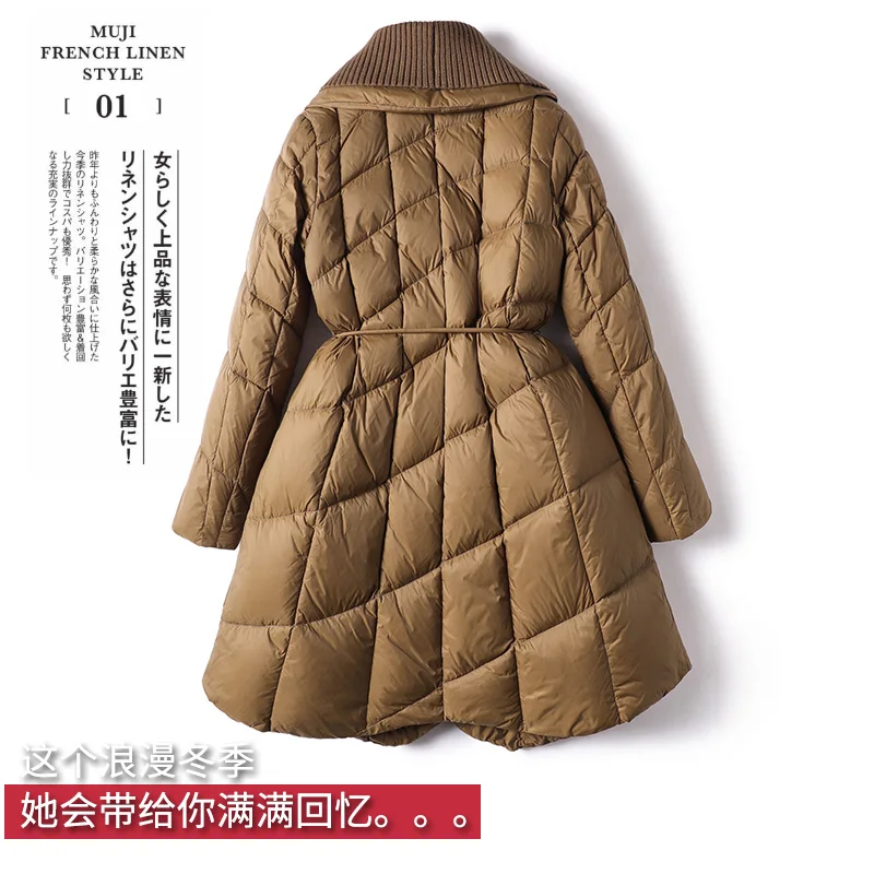 Long Duck Jacket Women 90%  White Duck Down Winter High Street  Covered Button  Spliced  Adjustable Waist Thin Coat Women