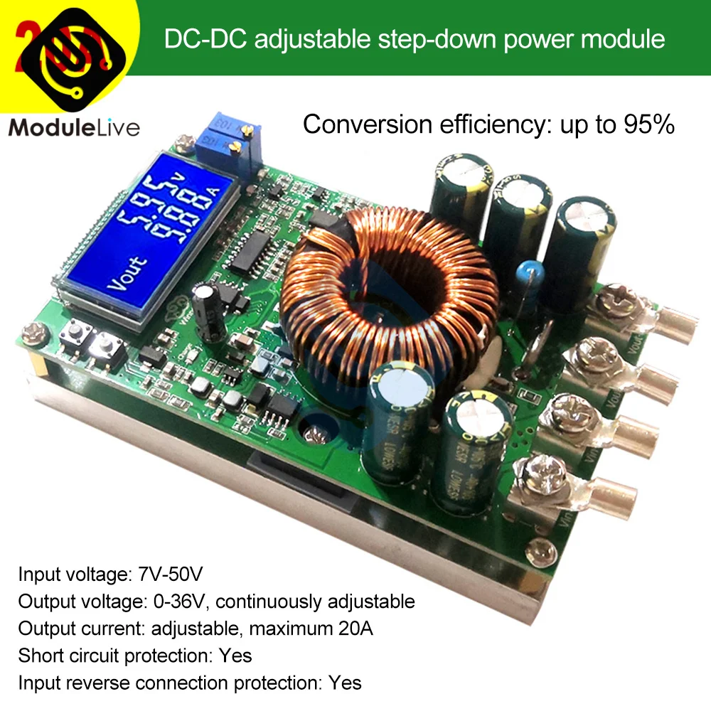 

20A DC DC High-power Adjustable Step-down Power Supply Module Constant Voltage Current LCD Screen Dual Display 7V-50V to 36V