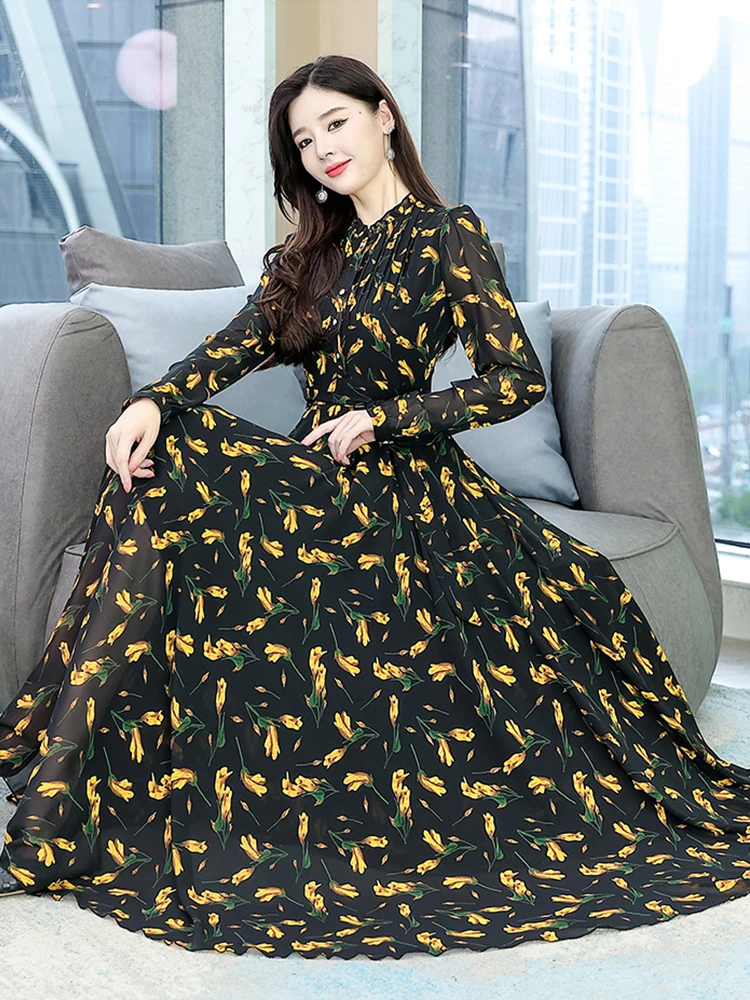 

2023 Spring Women Long Sleeve Beach Chiffon Bodycon Vintage Dress Fashion Floral Elegant Party Formal For Evening Midi Dresses