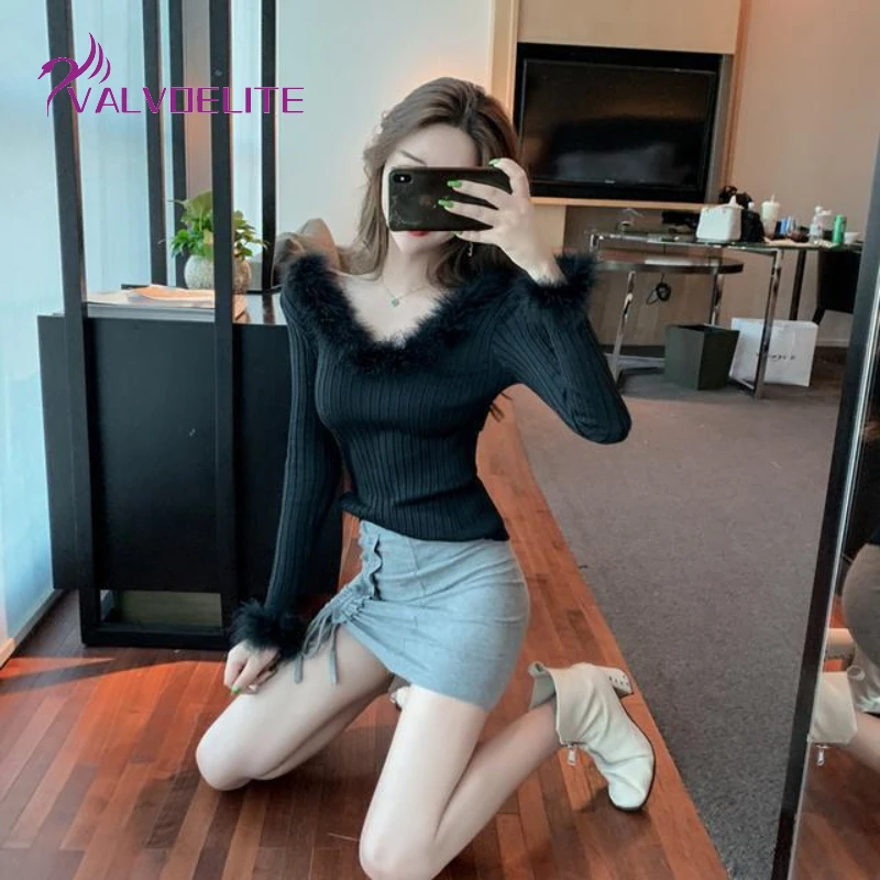 

Autumn Winter New Woman Strapless Backless Fur Stitching Long-sleeved Knitted Sweater Short V-neck Bottoming Shirt Sweater Top