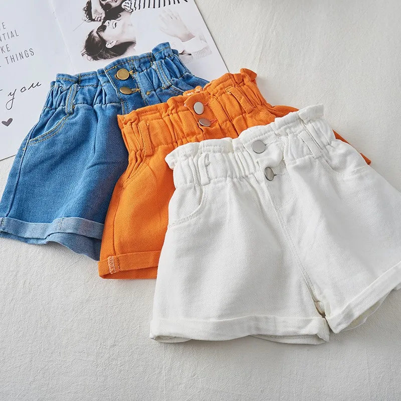 

2023 Summer Denim Shorts for Girls High Waist Elastic Toddler Girls Teenage Children's Jeans Hem Fashion Blue White Kids Pant