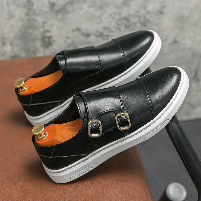 

Mens Casual Leather Shoes Comfy Walking Flats Fashion Loafers Black Brown Male Slip on Monk Strap Footwear Boat Business Shoes