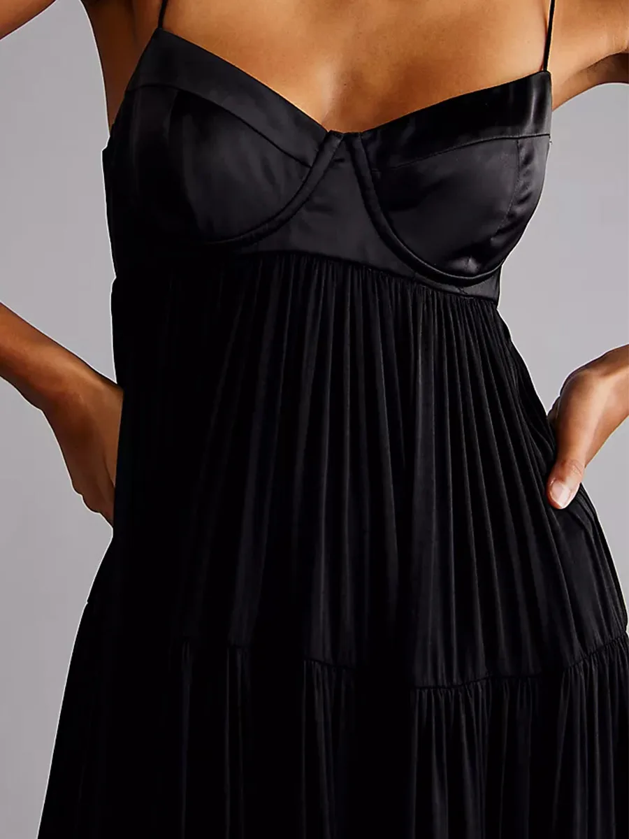 

Women Summer Long Beach Dress Sleeveless Backless Solid Color Pleated Tie Up Party Cami Dress