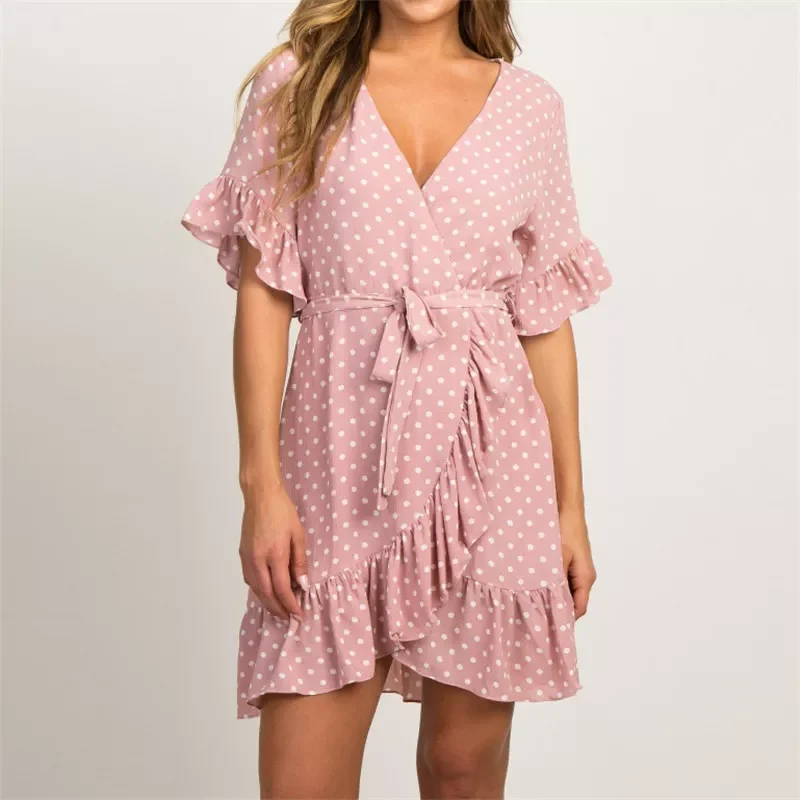 

Summer Chiffon Dress 2019 Boho Style Beach Dress Fashion Short Sleeve V-neck Polka Dot A-line Party Dress Sundress Vestidos