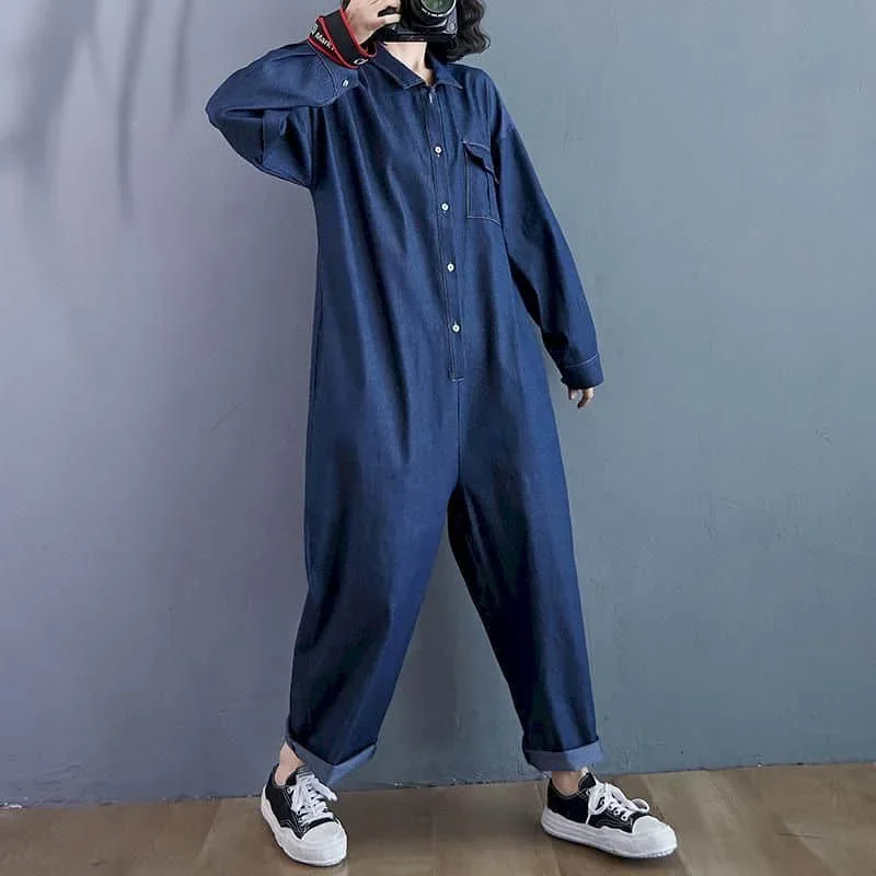 Новый джинсовый комбинезон женский синий с длинными рукавами высокая талия