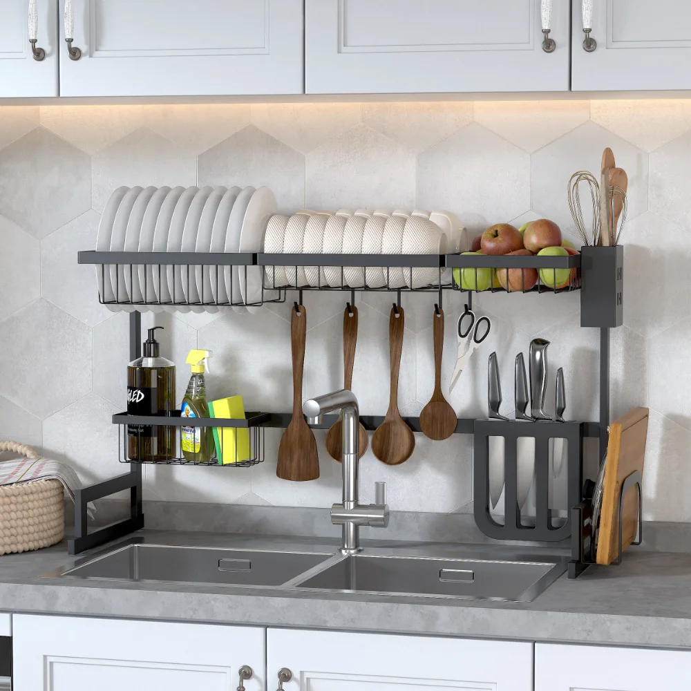 

Over Sink Dish Drying Rack Large Two Tier Vertical, Compact Kitchen Storage System in Black Stainless Steel Organizes, Drains