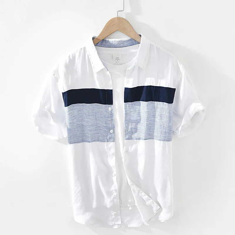 

Short Sleeve Shirt for Men Summer New Japan Fashion Tops Male Breathable Vintage Striped Patchwork Button Up Shirt