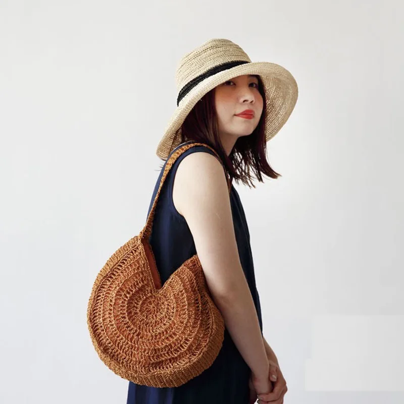 

Summer Large Straw Handbag Women Round Hollow Shoulder Bag Vacation Beach Tote Paper Woven Handle Bags Fashion Purses 2023 New