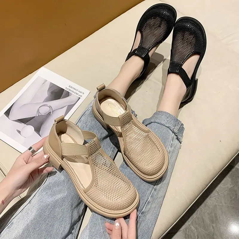 Summer New Style Outwear Sandals Women's Fashion Versatile Mesh Breathable Thick Heel Wrap Elastic Fit