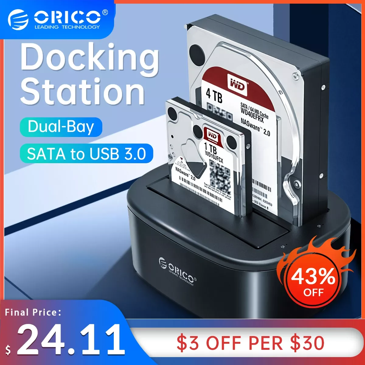 

ORICO Dual-bay Hard Drive Docking Station for 2.5/3.5 Inch HDD SSD SATA to USB 3.0 HDD Docking Station with 12V3A Power Adapter