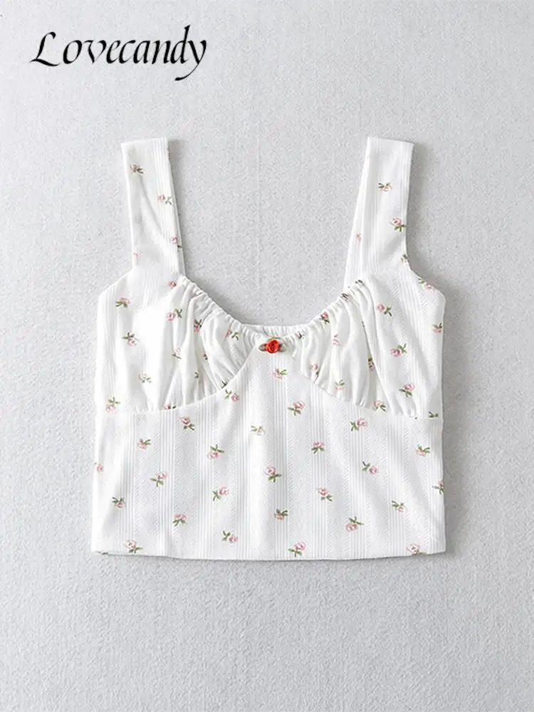 

Майка женская хлопковая с цветочным принтом, модный короткий топ без рукавов, с V-образным вырезом, милая шикарная кофта на бретелях, лето 2023