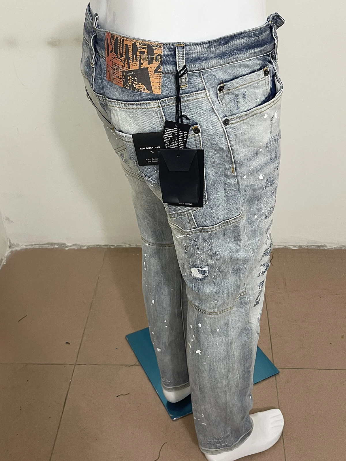 2023 spring and autumn new style d2 jeans men wash wear hole patch three-dimensional cut light gray jeans men