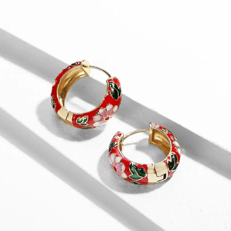 

Enamel Flower Hoop Earrings Vintage Earrings