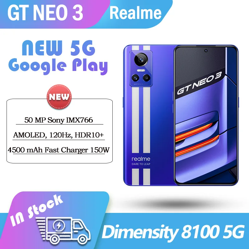 New Original Realme GT Neo3 5G smart Phone 80/150W Super Charge Dimensity 8100 LPPDR5 NFC Android 12 Google play 50MP IMX766