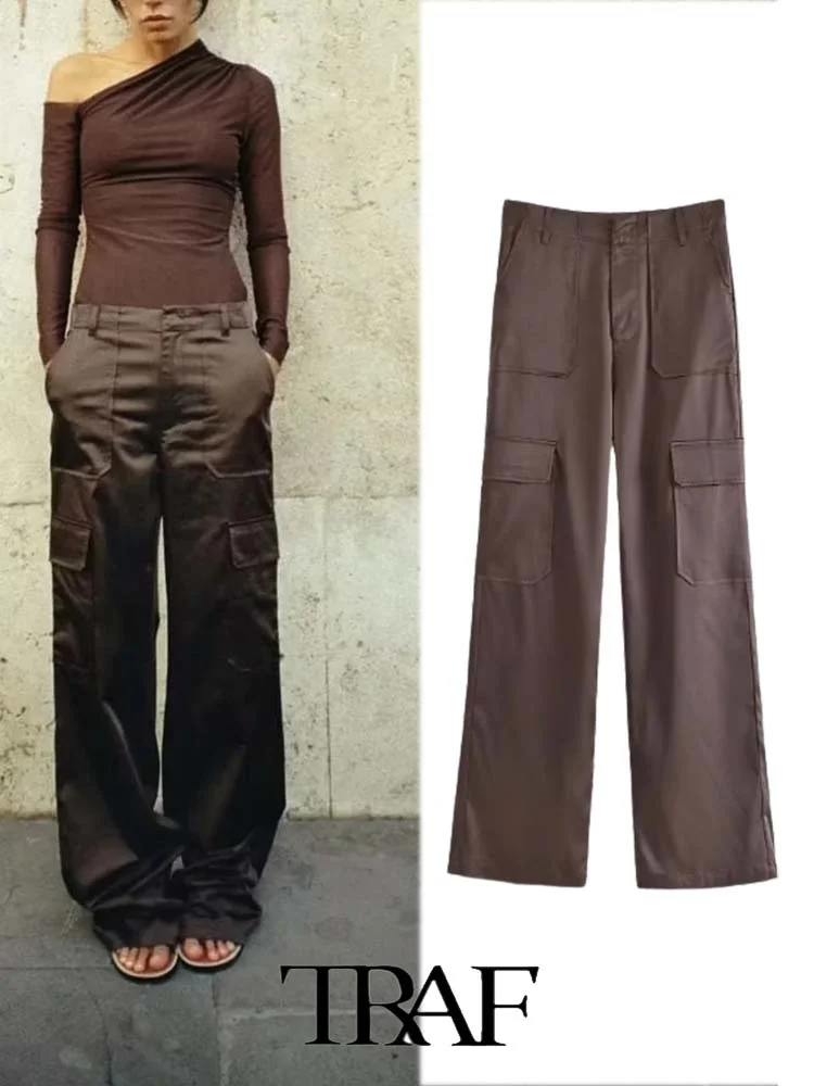 

TRAF Women Pants 2023 New Fashion New Solid Silk Satin Cargo Pants At The Cuffs Female Trousers Mujer