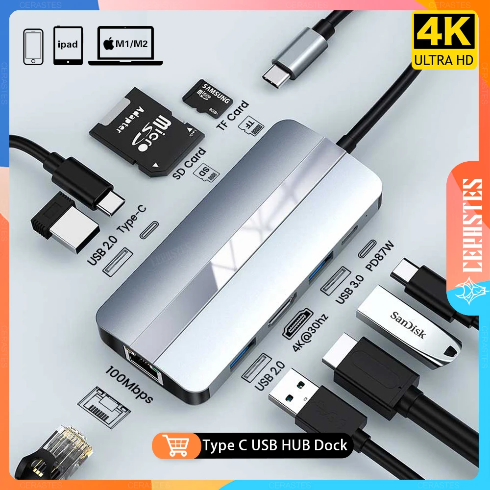 

9in1 Type C USB HUB Dock Station Splitter 3.0 2.0 RJ45 VGA SD TF Card Reader PD 100W 87W Charger HDMI-compatible For Laptop