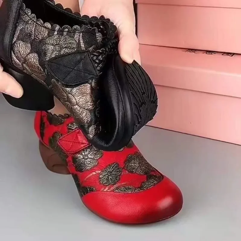 Туфли женские в стиле ретро мягкая обувь для мам высокий толстый каблук среднего