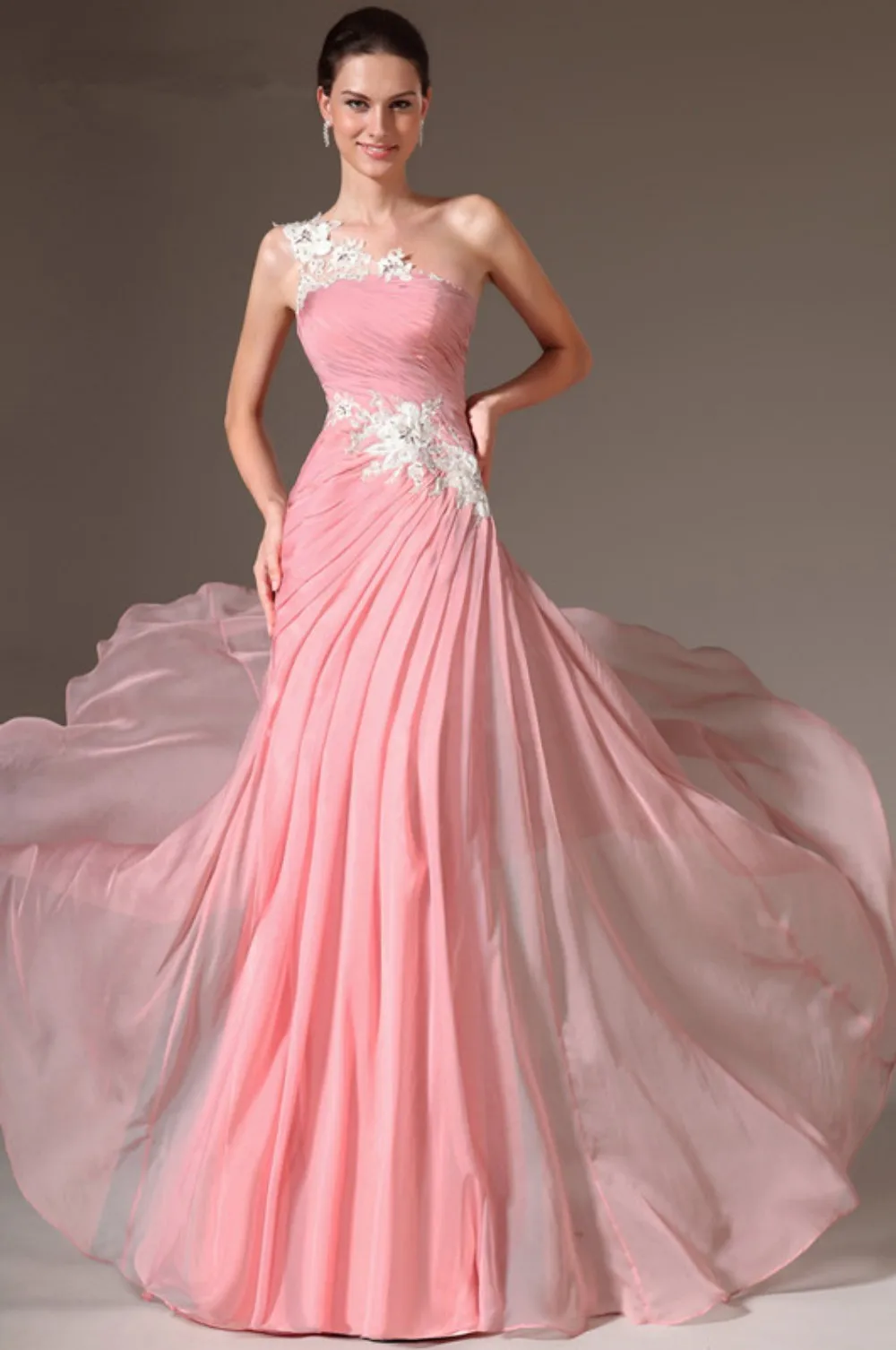 

Розовые вечерние платья с юбкой-годе на одно плечо, шифоновые кружевные длинные Официальные Вечерние платья с бусинами, платье для выпускного вечера