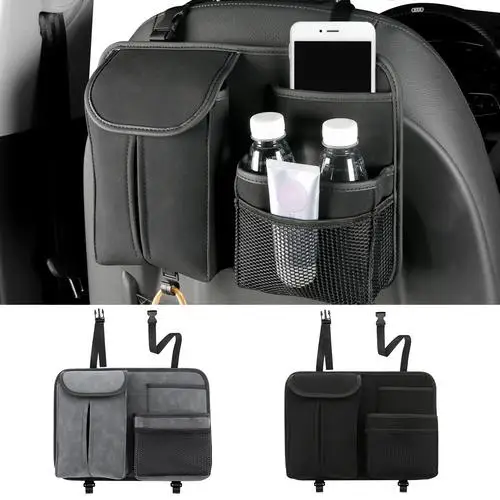 

Suede Car Organizer Backseat Suede Car Tissue Holder Back Seats With 3 Pockets For Cups Phones And Hooks For Bags Behind Seats