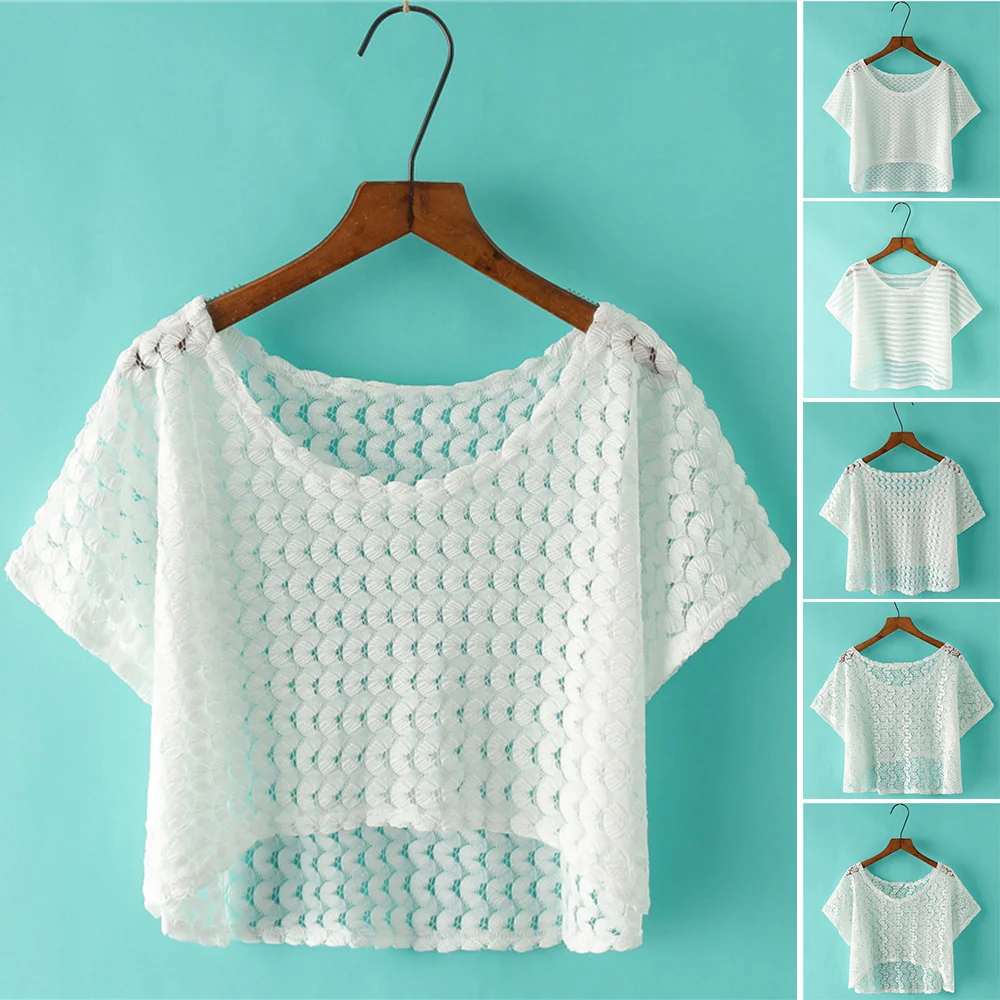 

New Women's Hollow Crochet Cover-ups Summer Short Sleeve Crew Neck Shirt Tops Blouse Tee Cutout Style Solid Color Open Navel